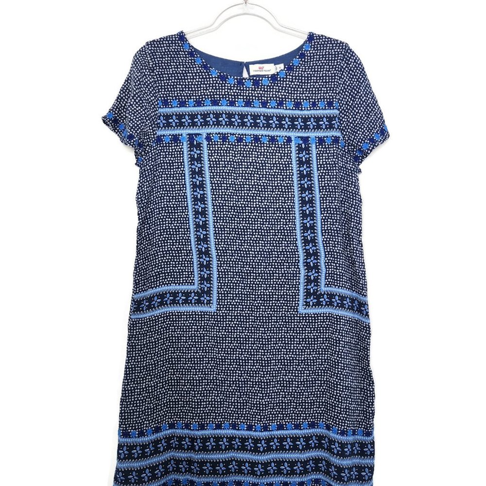 Vineyard Vines Shift Dress 10 Blue Linen Blend Dot Print Boho Embroidered